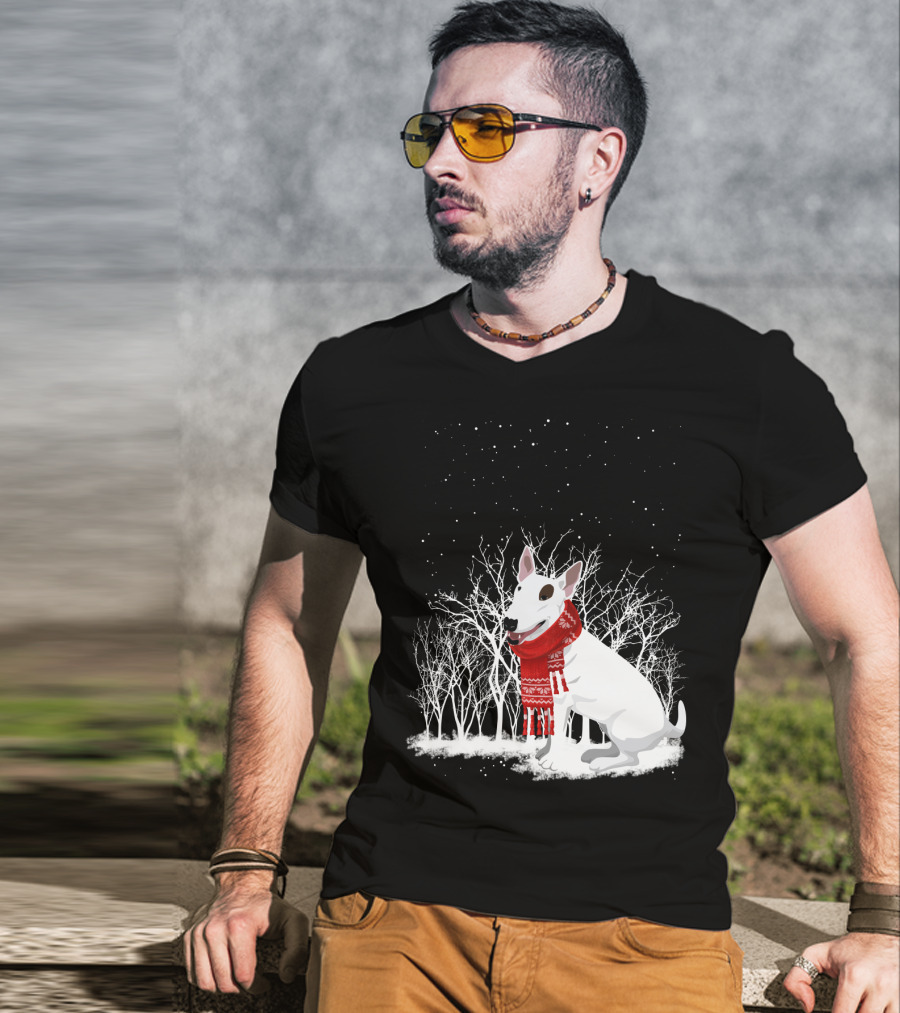 Winter Bullterrier Red Scarf Snowy Forest T-Shirt
