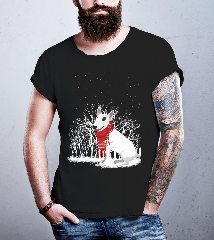 Winter Bullterrier Red Scarf Snowy Forest T-Shirt