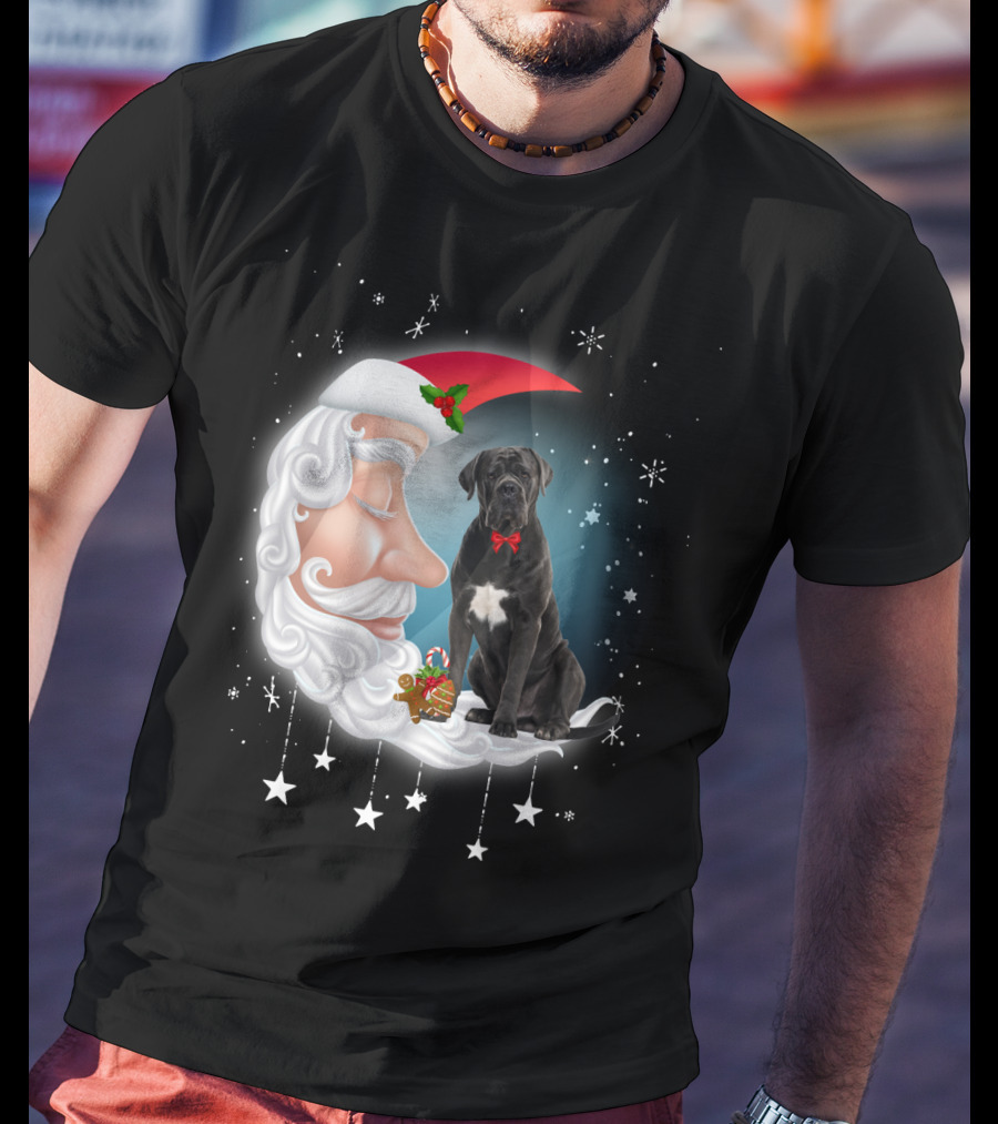 Santa Crescent Moon Cane Corso With Stars And Snowflakes T-Shirt