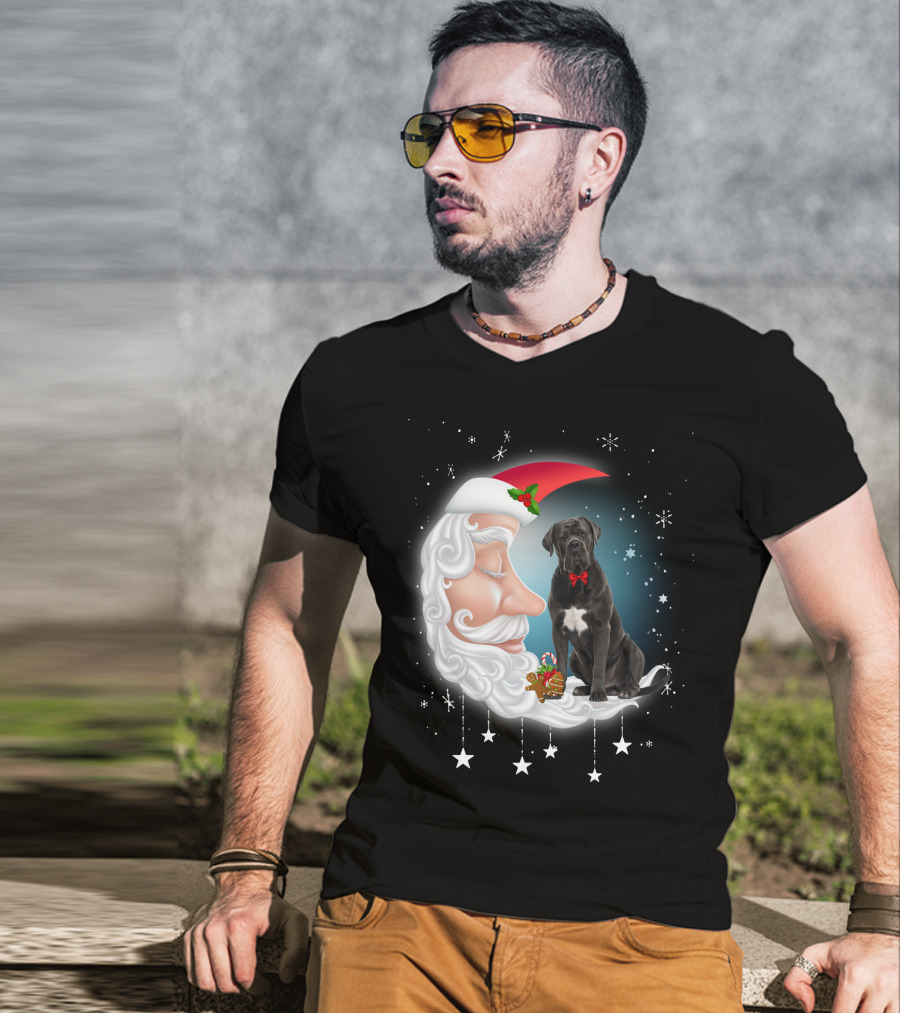Santa Crescent Moon Cane Corso With Stars And Snowflakes T-Shirt