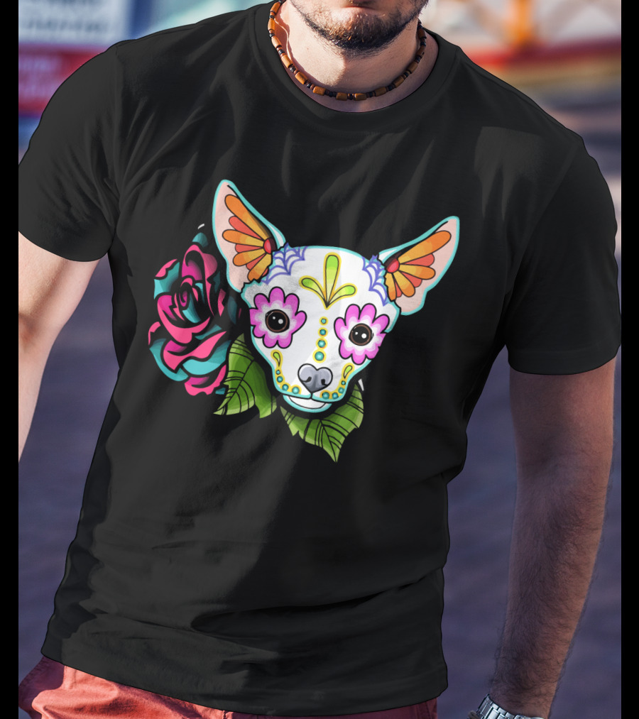 Dead Chihuahua Neon Sugar Skull Rose T-Shirt