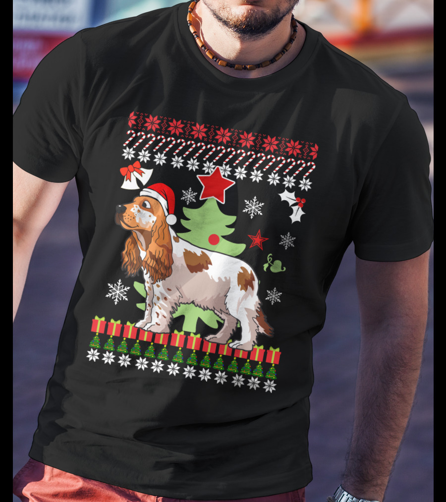 Christmas Cocker Spaniel Santa Hat Snowflakes Christmas Tree T-Shirt