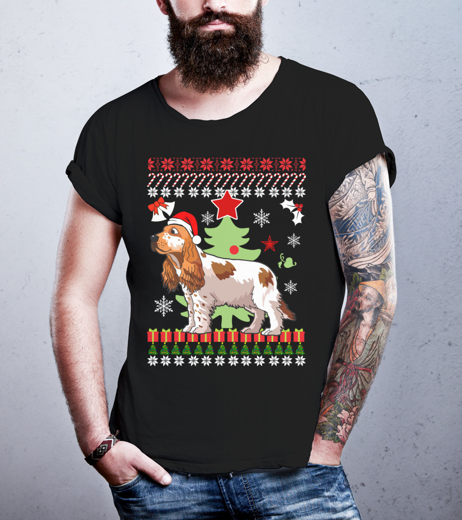 Christmas Cocker Spaniel Santa Hat Snowflakes Christmas Tree T-Shirt