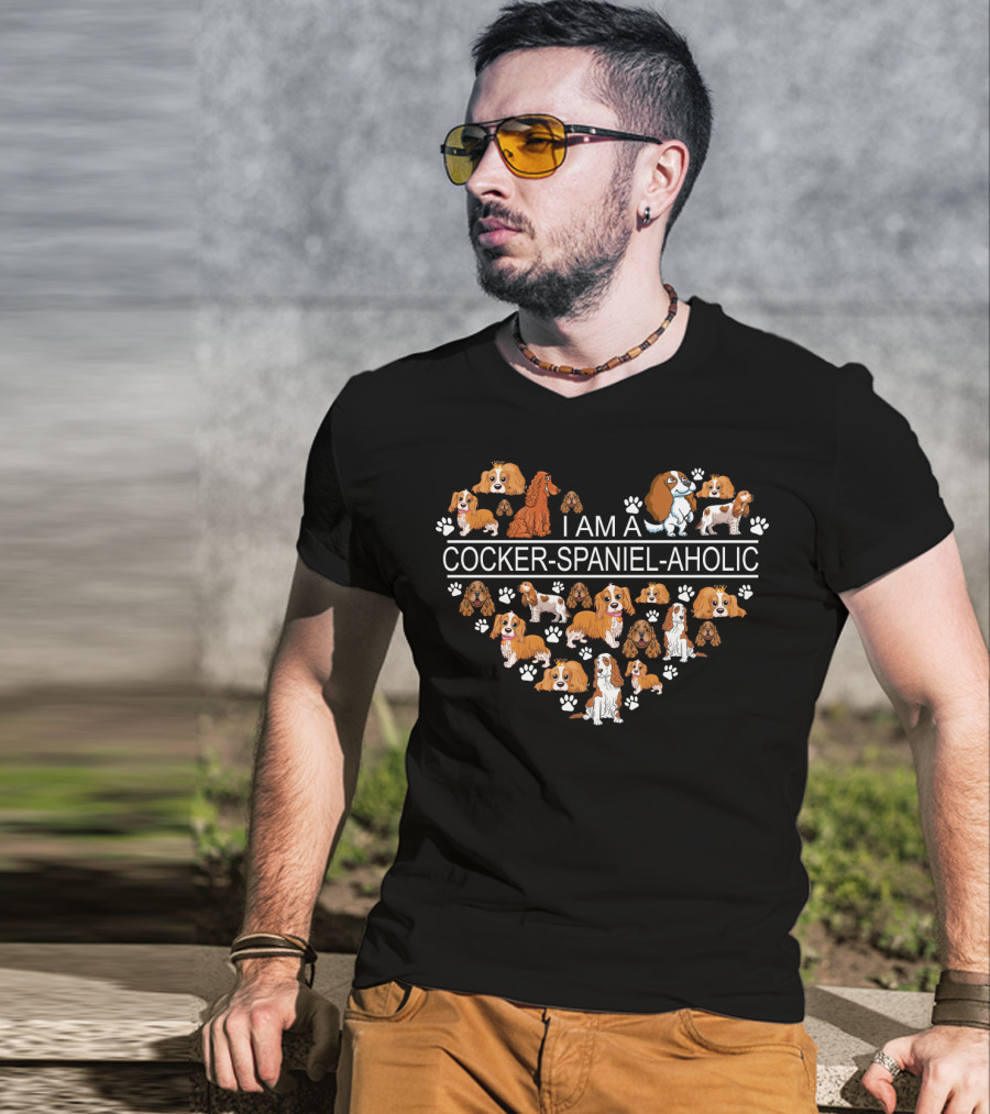 I Am A Cocker Spaniel Aholic Heart With Dog Paw Prints And Cartoon Cocker Spaniels T-Shirt
