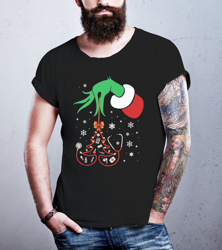 Grinch Hand Holding Nurse Themed Christmas Tree With Medical Icons T-Shirt