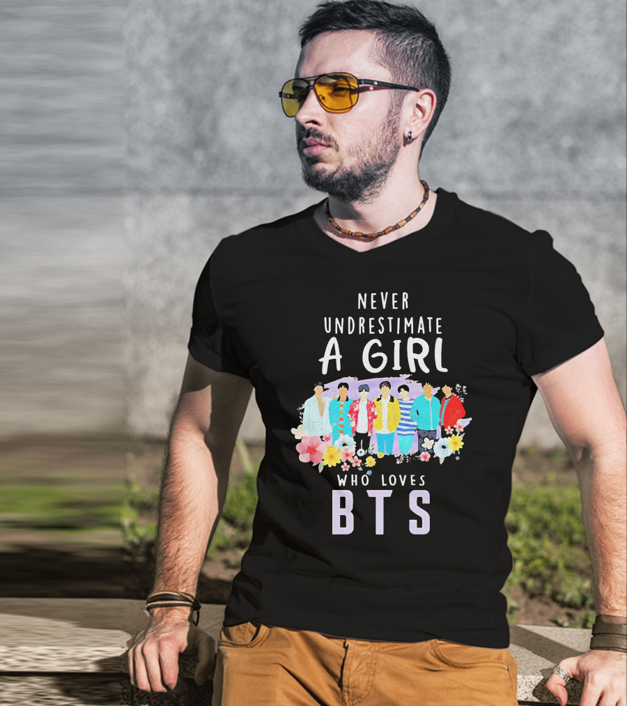 Never Underestimate A Girl Who Loves BTS Floral Watercolor Band T-Shirt