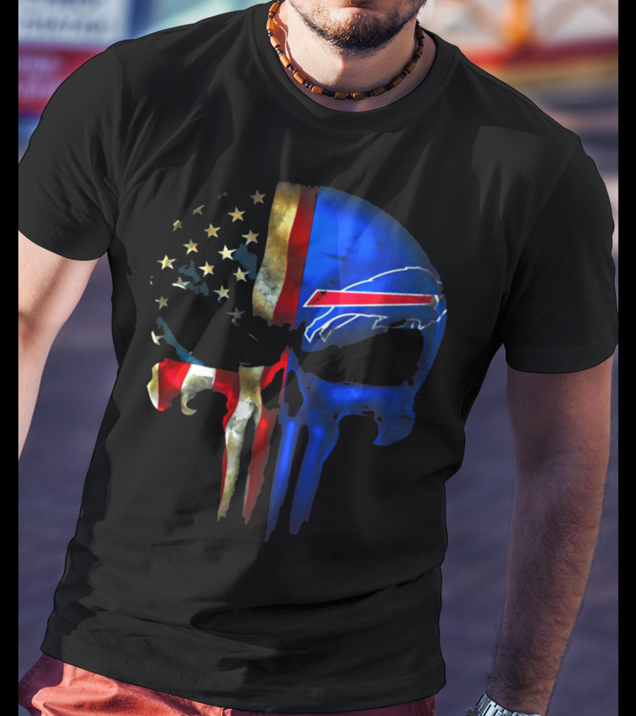 Skull Buffalo Bills American Flag Punisher NFL Logo Stars Stripes T-Shirt