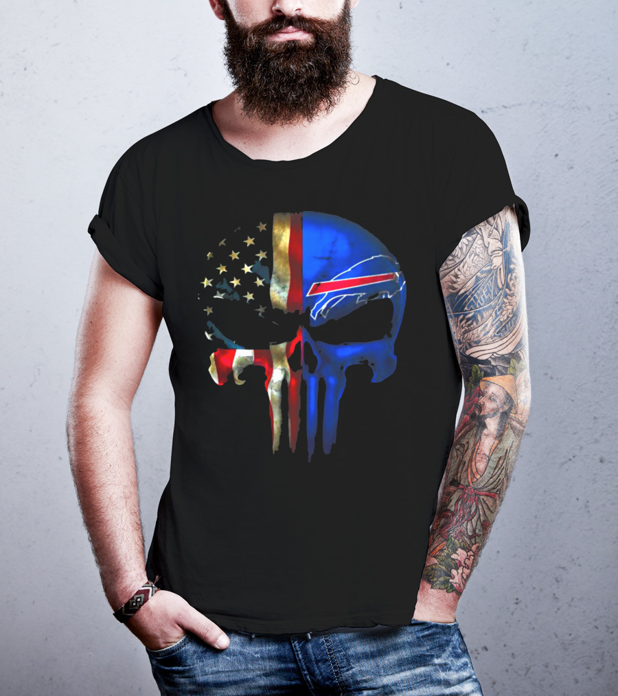 Skull Buffalo Bills American Flag Punisher NFL Logo Stars Stripes T-Shirt