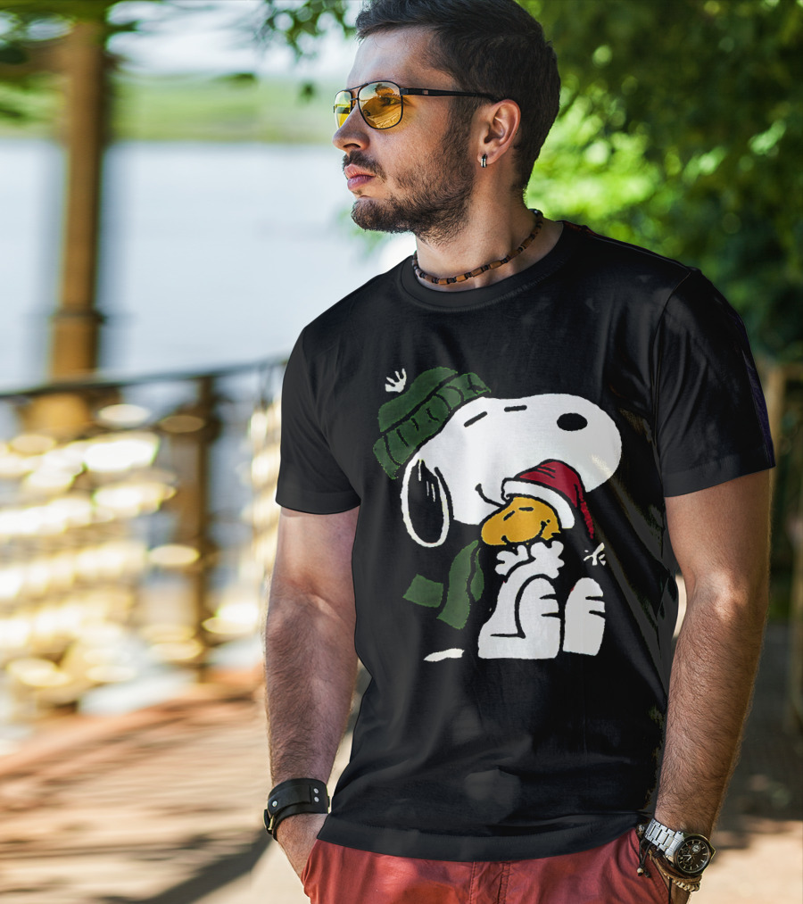 Snoopy Hugging Woodstock Winter Hat Scarf Christmas T-Shirt