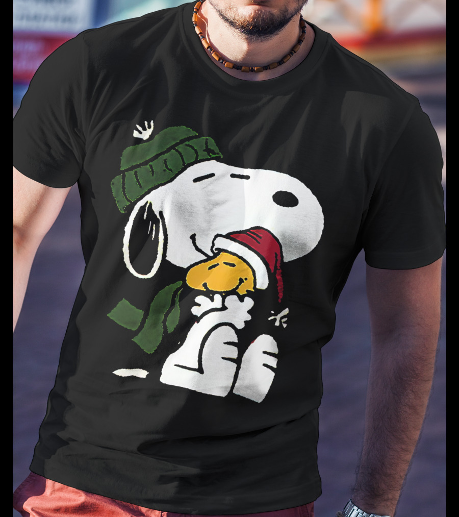 Snoopy Hugging Woodstock Winter Hat Scarf Christmas T-Shirt