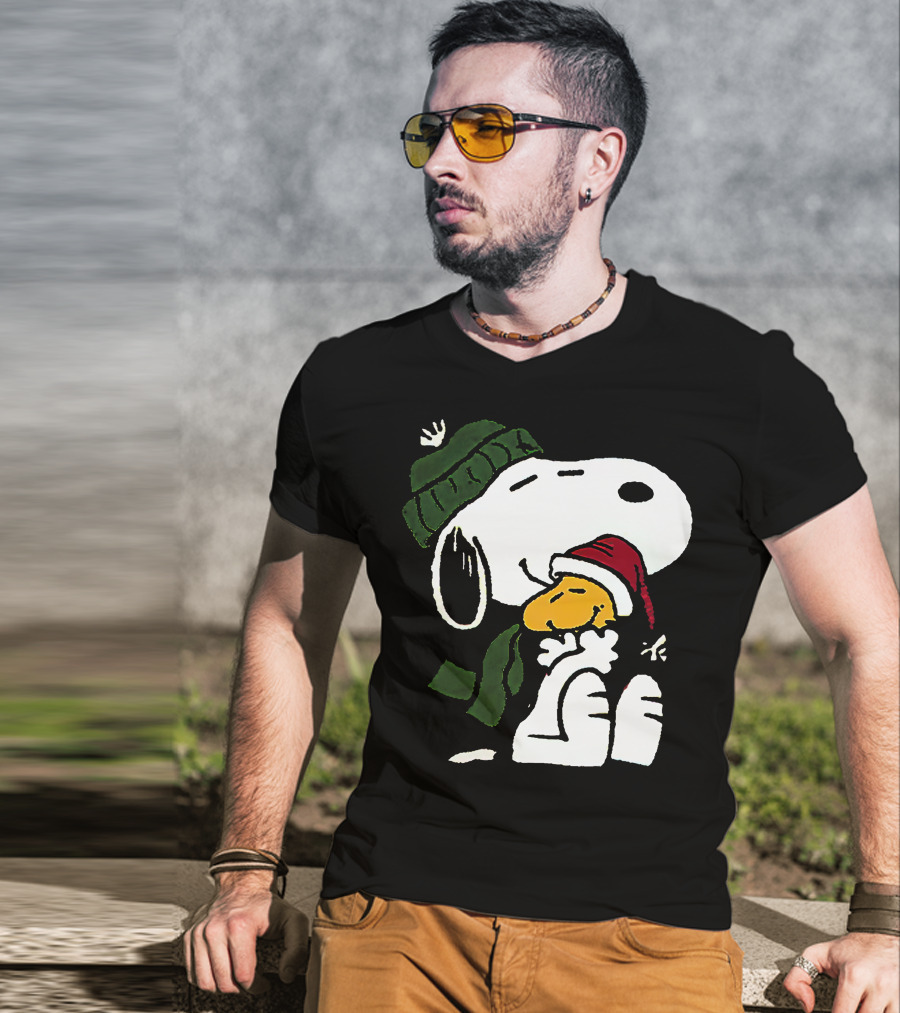 Snoopy Hugging Woodstock Winter Hat Scarf Christmas T-Shirt