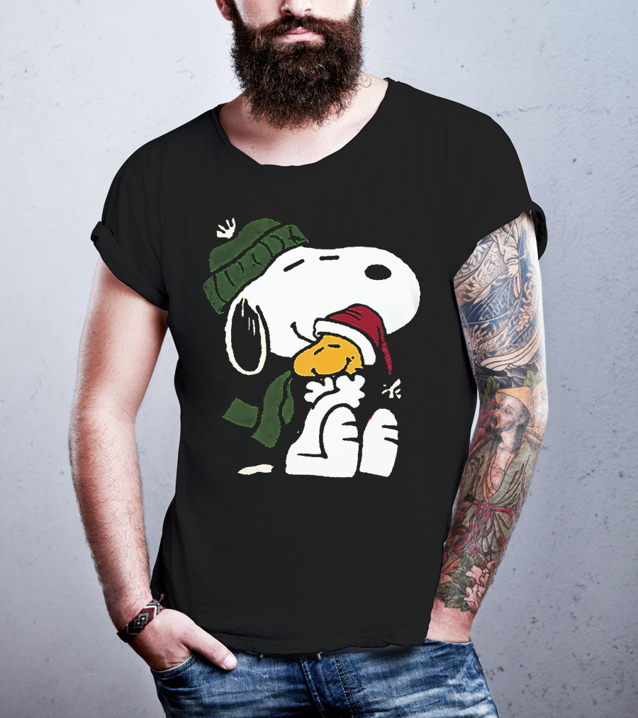 Snoopy Hugging Woodstock Winter Hat Scarf Christmas T-Shirt