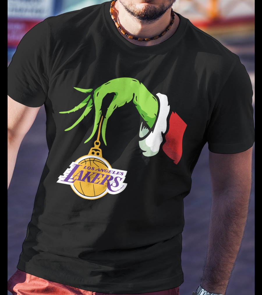 Grinch Hand With Santa Sleeve Holding Los Angeles Lakers T-Shirt