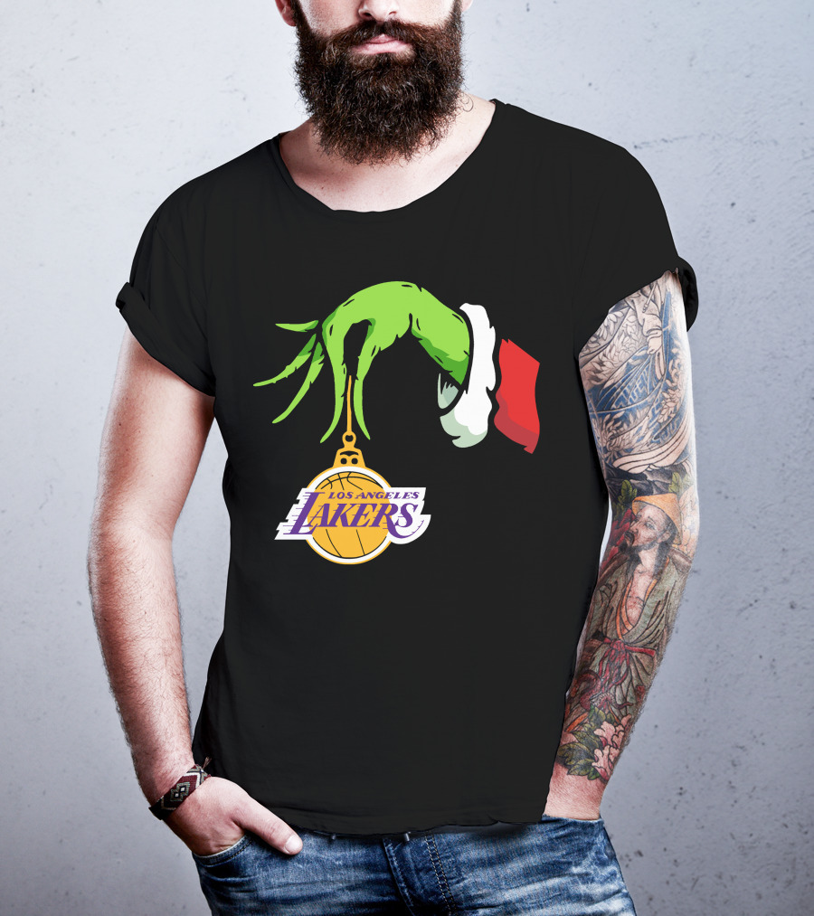Grinch Hand With Santa Sleeve Holding Los Angeles Lakers T-Shirt