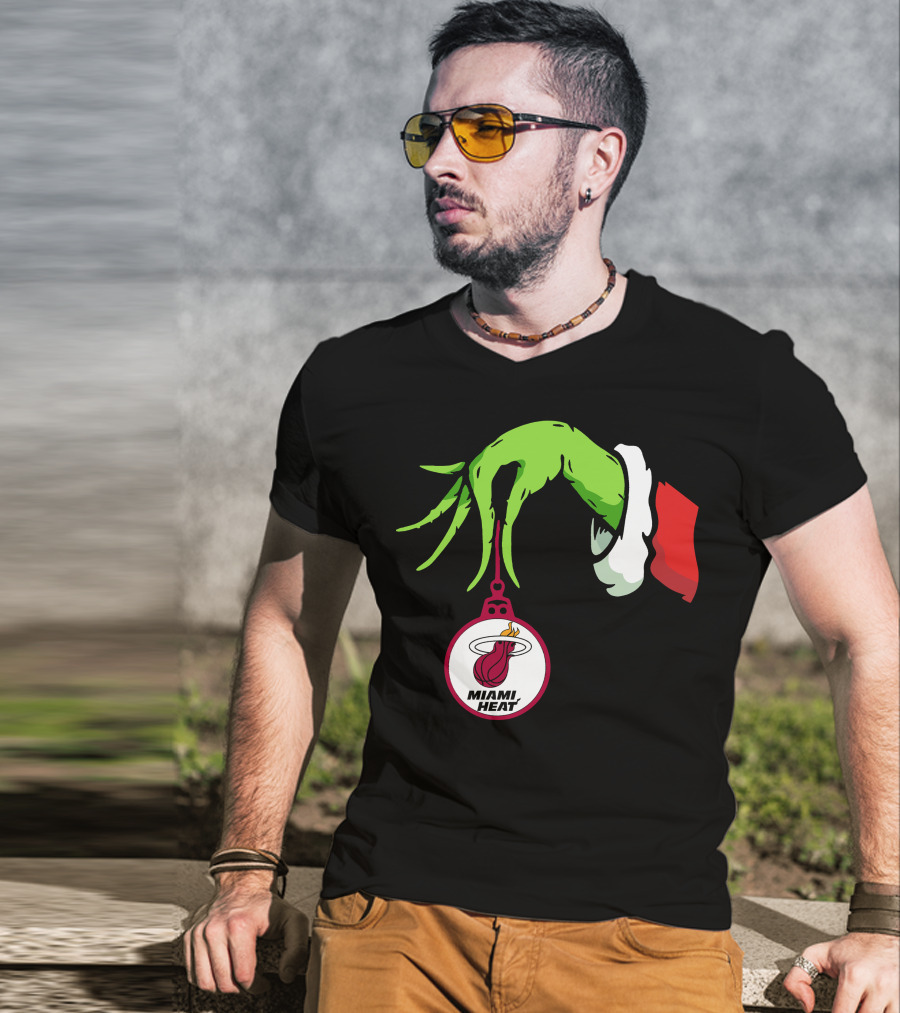 Grinch Hand With Miami Heat Ornament Holiday Sports T-Shirt