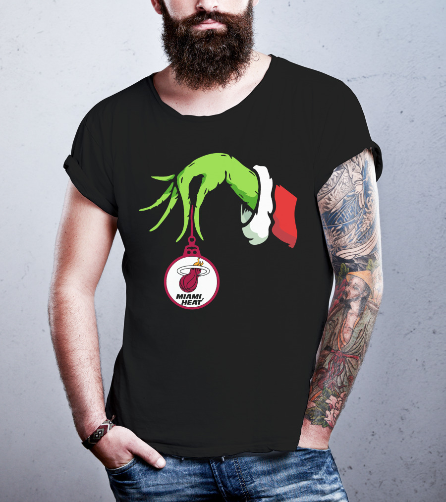 Grinch Hand With Miami Heat Ornament Holiday Sports T-Shirt