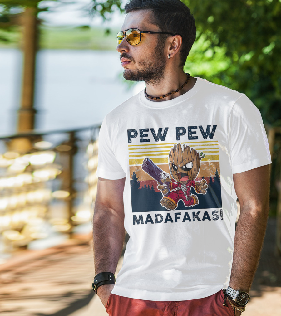 Pew Pew Madafakas Baby Groot Retro Forest Background T-Shirt