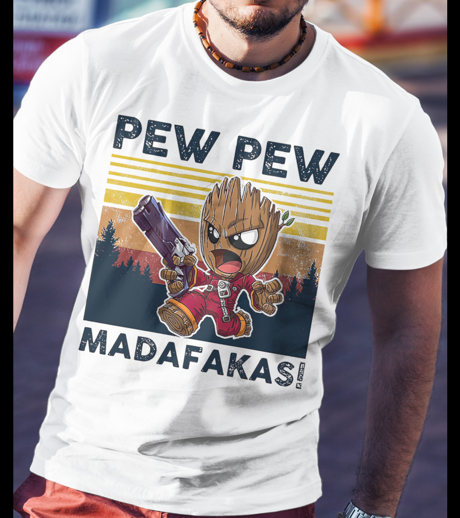 Pew Pew Madafakas Baby Groot Retro Forest Background T-Shirt