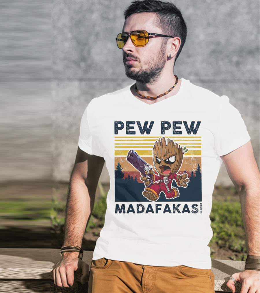 Pew Pew Madafakas Baby Groot Retro Forest Background T-Shirt