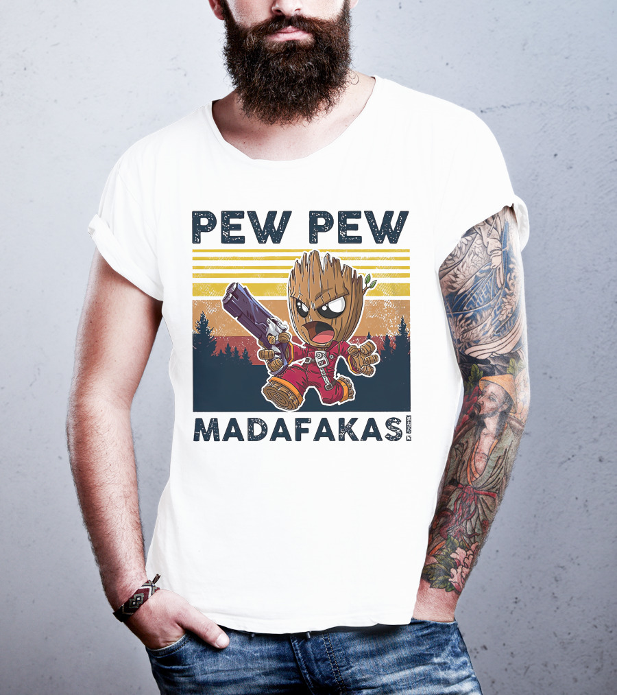 Pew Pew Madafakas Baby Groot Retro Forest Background T-Shirt