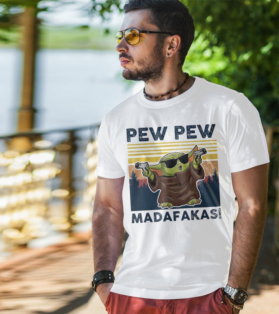 Pew Pew Madafakas Baby Yoda Retro Forest Sunset T-Shirt