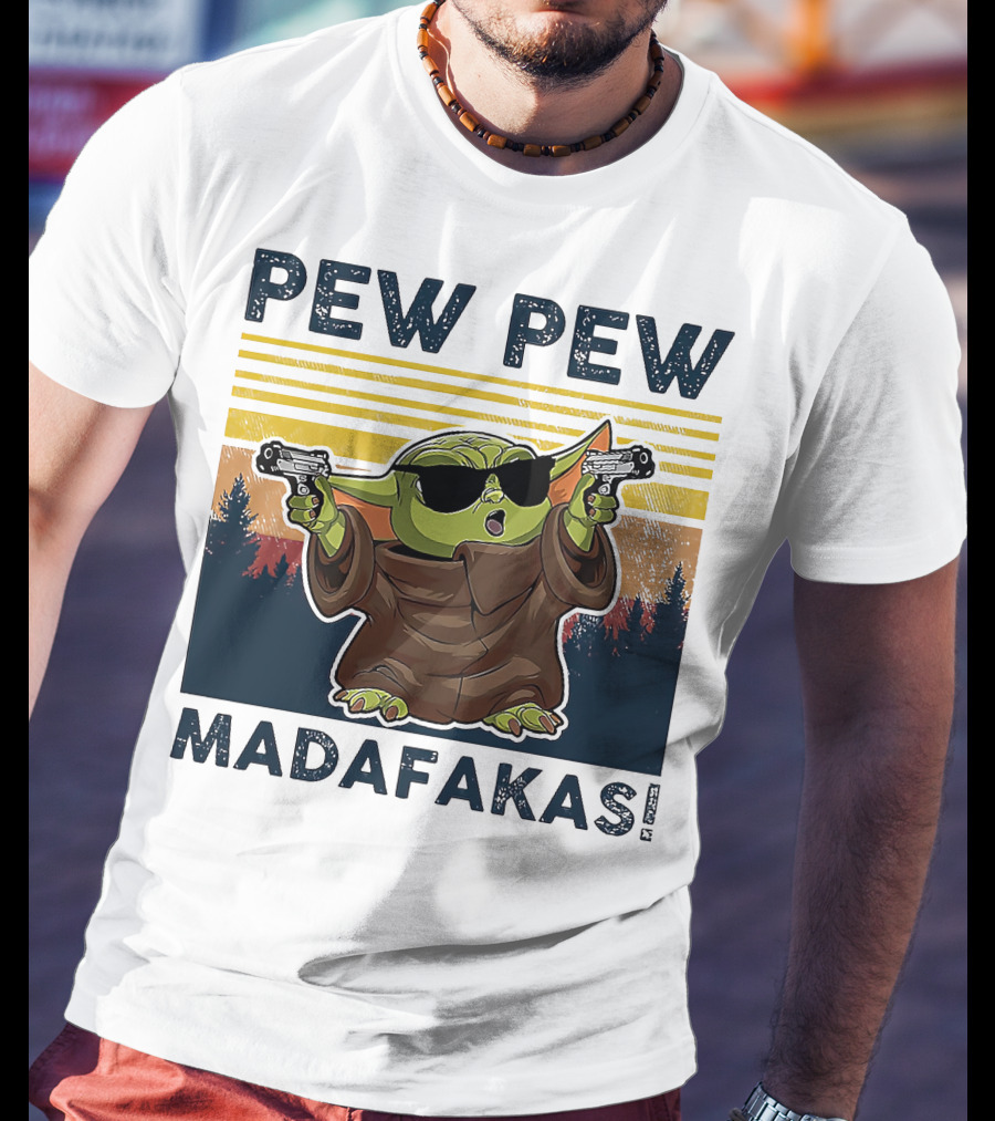 Pew Pew Madafakas Baby Yoda Retro Forest Sunset T-Shirt
