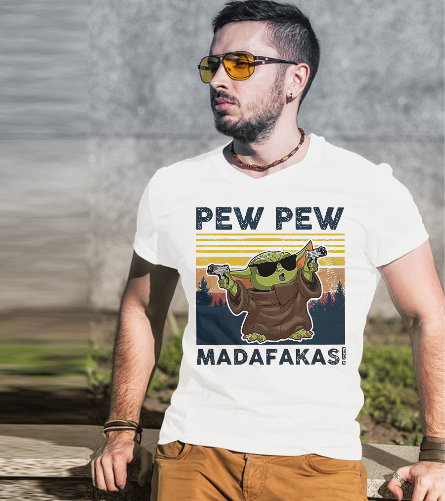 Pew Pew Madafakas Baby Yoda Retro Forest Sunset T-Shirt