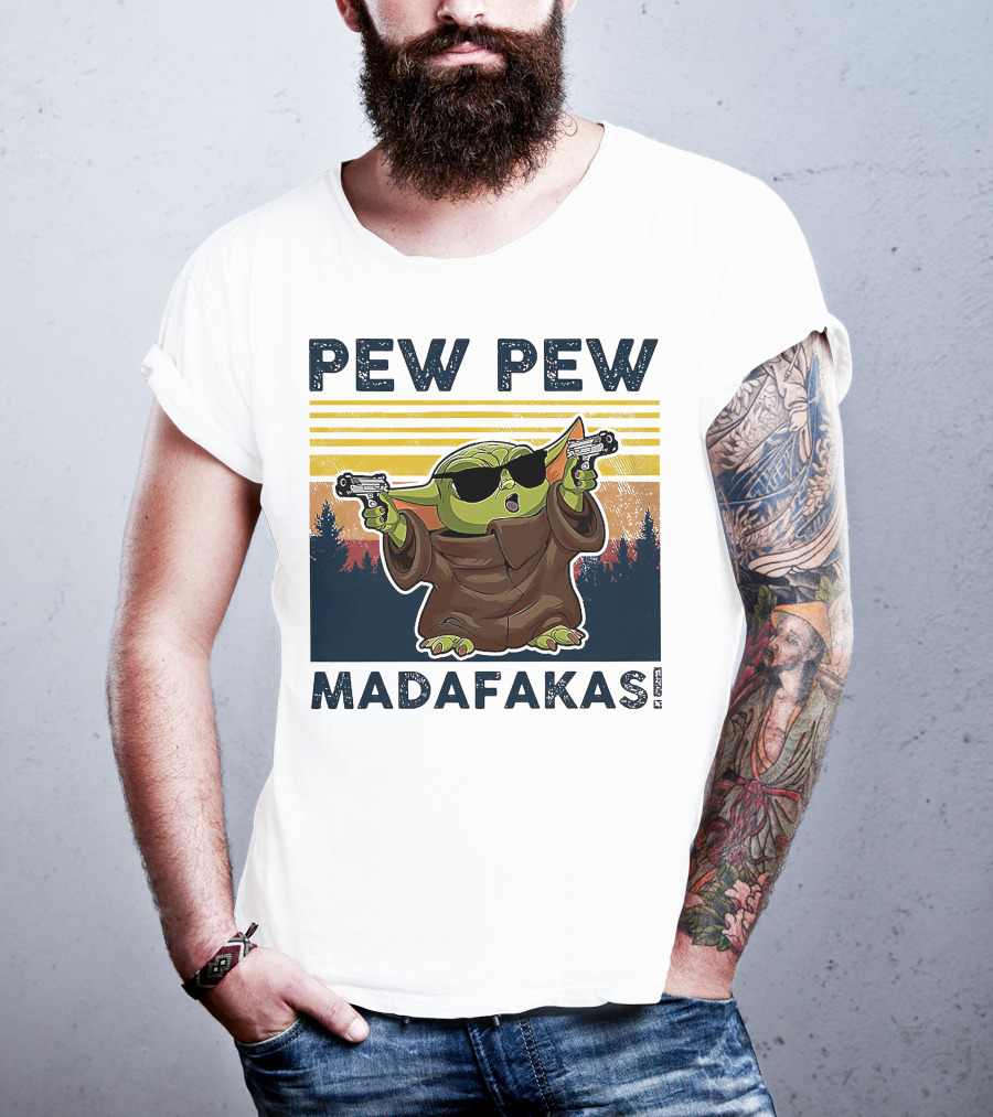 Pew Pew Madafakas Baby Yoda Retro Forest Sunset T-Shirt