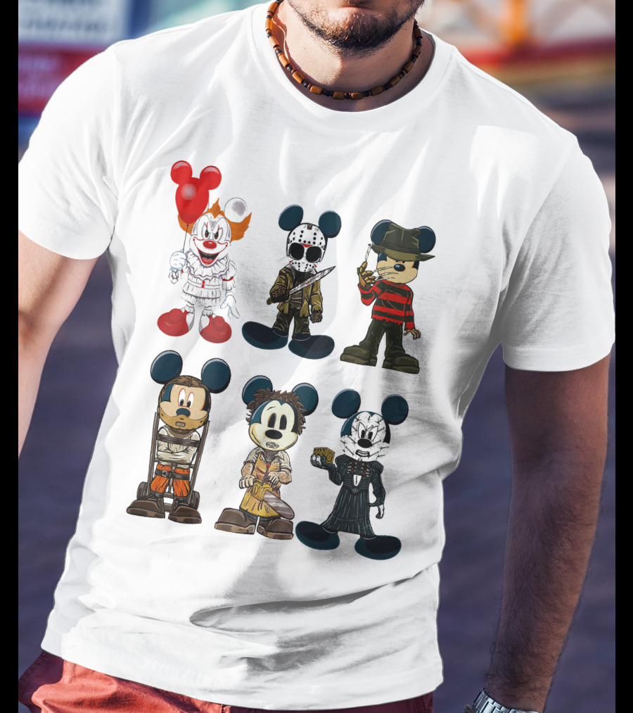 Halloween Horror Characters Mickey Mouse Pennywise Jason Freddy Chucky Leatherface Pinhead T-Shirt