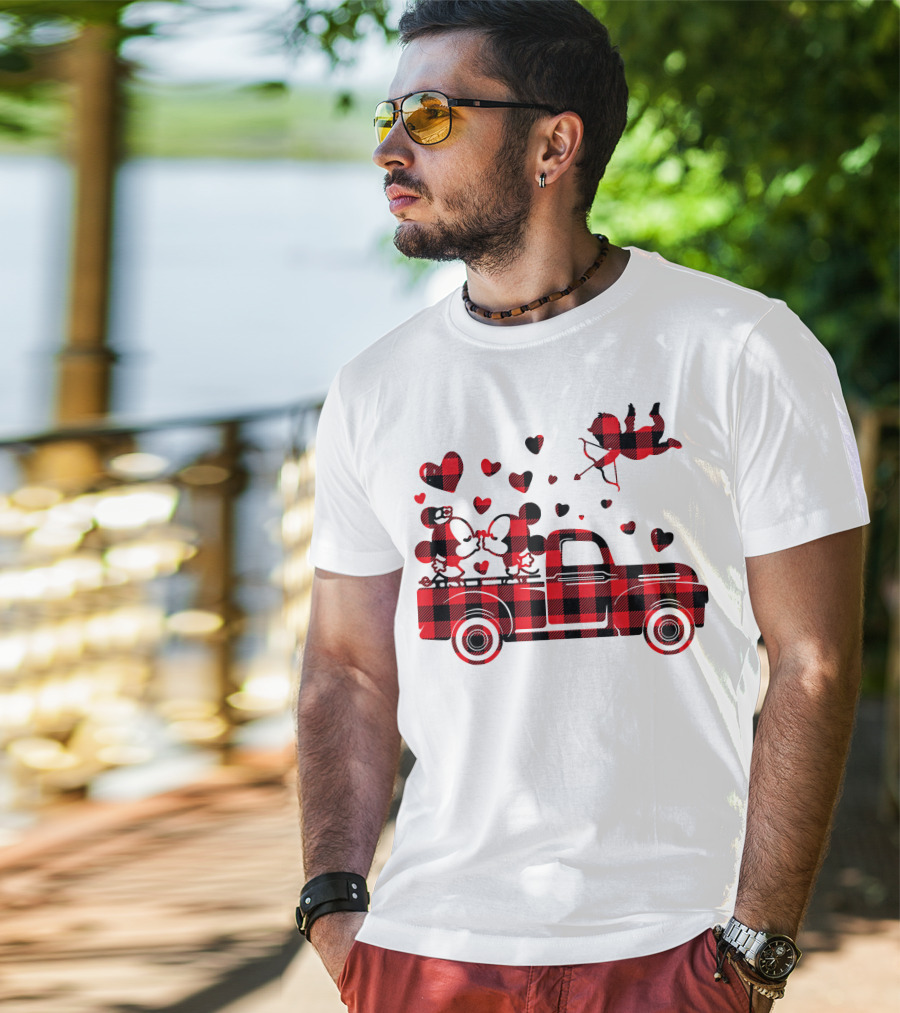 Buffalo Plaid Mickey Minnie Kissing In Truck With Hearts And Cupid Valentine T-Shirt