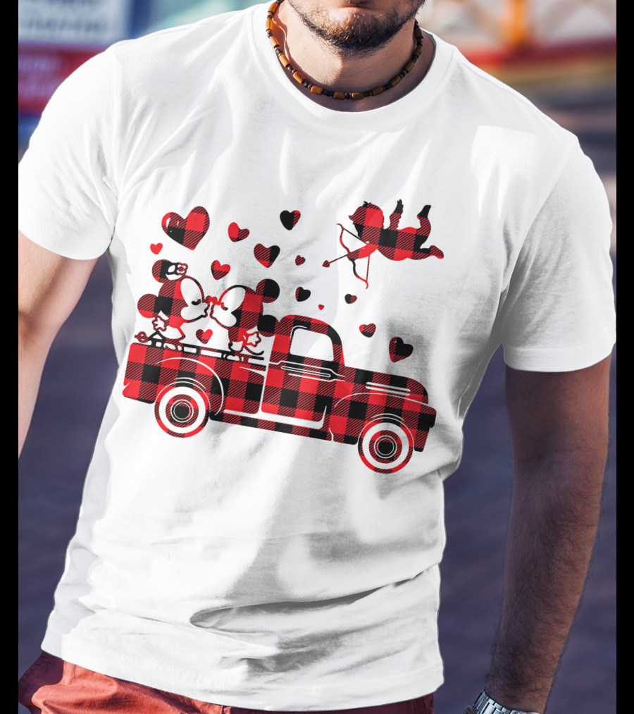 Buffalo Plaid Mickey Minnie Kissing In Truck With Hearts And Cupid Valentine T-Shirt