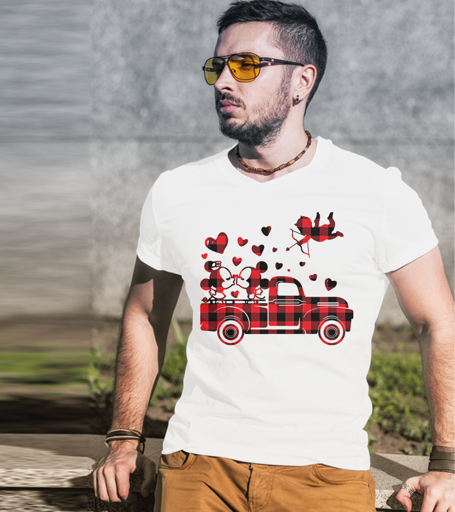 Buffalo Plaid Mickey Minnie Kissing In Truck With Hearts And Cupid Valentine T-Shirt