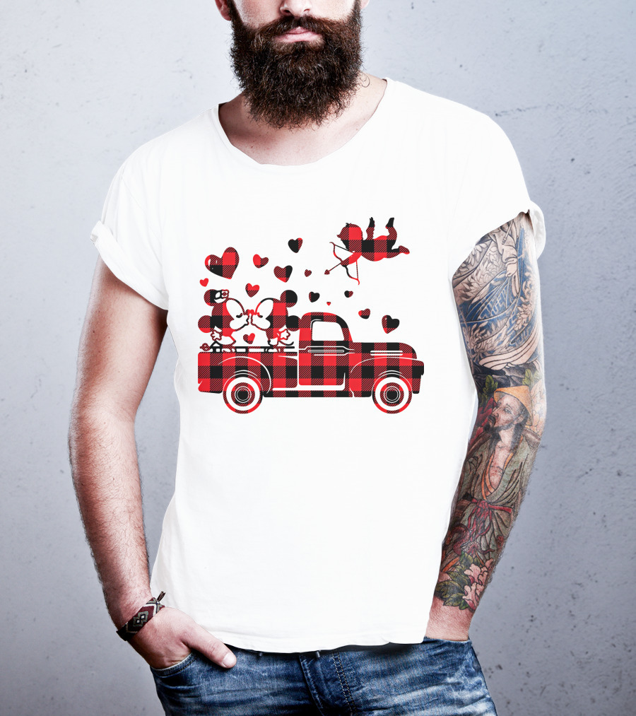 Buffalo Plaid Mickey Minnie Kissing In Truck With Hearts And Cupid Valentine T-Shirt