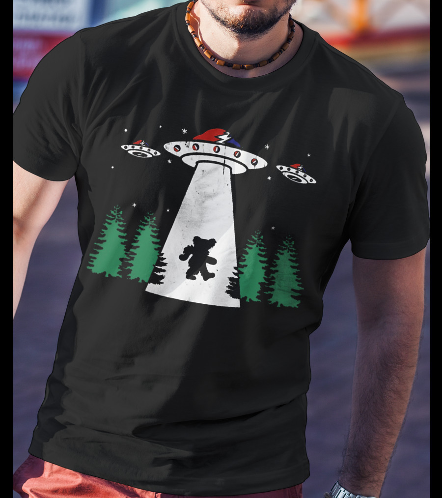 Grateful Dead Bear Abducted By UFO With Lightning Bolt And Red Hat T-Shirt