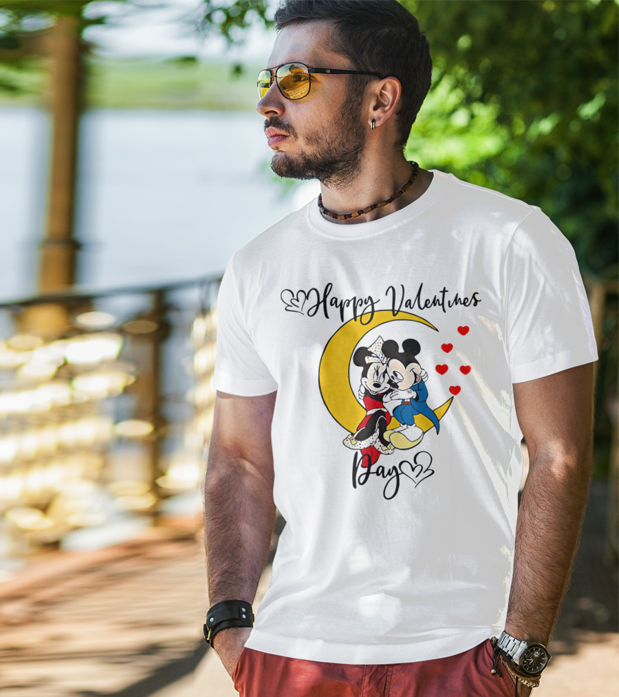 Happy Valentines Day Mickey Mouse And Minnie Mouse Cuddling On Crescent Moon With Hearts T-Shirt