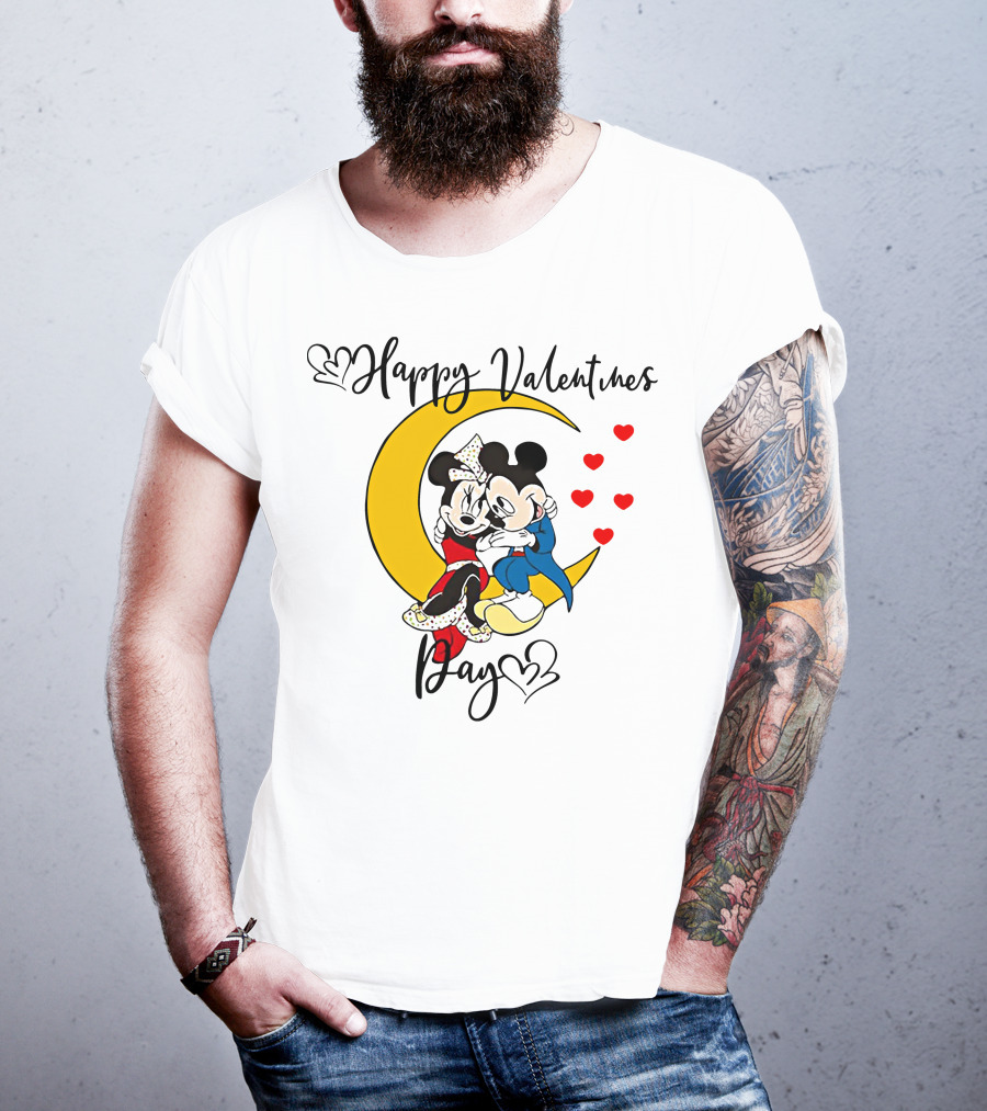 Happy Valentines Day Mickey Mouse And Minnie Mouse Cuddling On Crescent Moon With Hearts T-Shirt