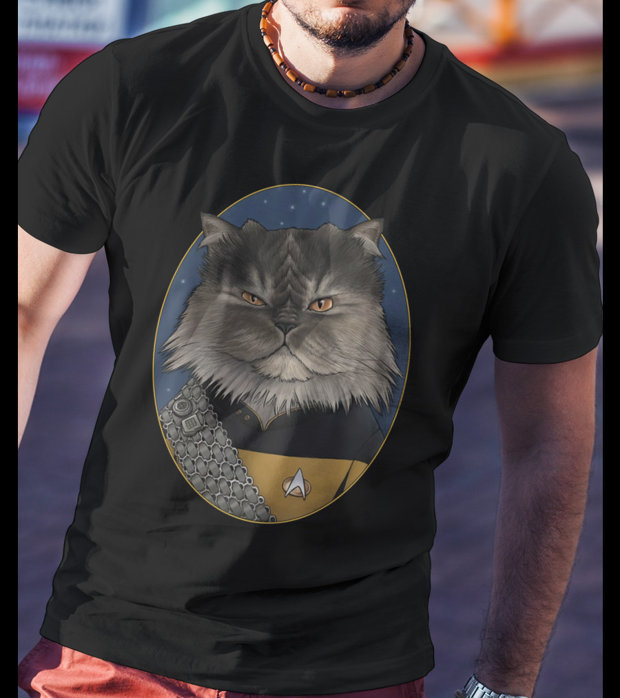Star Trek Worf Cat In Starfleet Uniform With Klingon Sash And Emblem T-Shirt