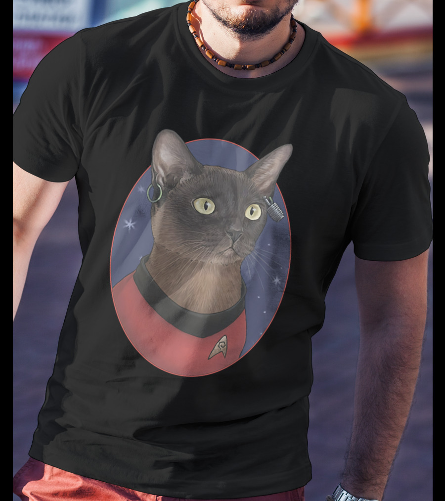 Star Trek Uhura Cat Badge In Space Oval With Earrings And Red Uniform T-Shirt
