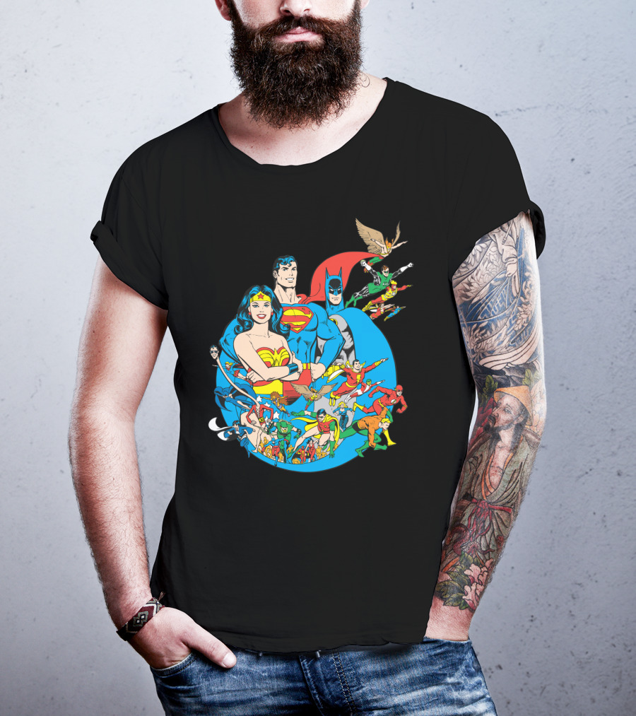 DC Comics Justice League Superman Batman Wonder Woman Flash Green Lantern Aquaman Hawkman Robin Green Arrow T-Shirt