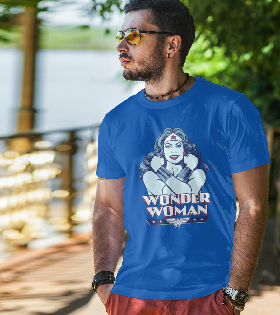 WONDER WOMAN Retro Blue Crossover Illustration With Star Headband And Arm Bracelets T-Shirt