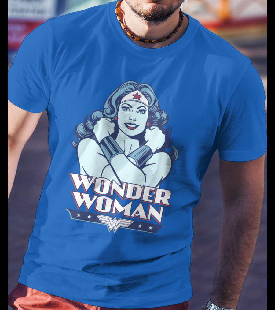 WONDER WOMAN Retro Blue Crossover Illustration With Star Headband And Arm Bracelets T-Shirt