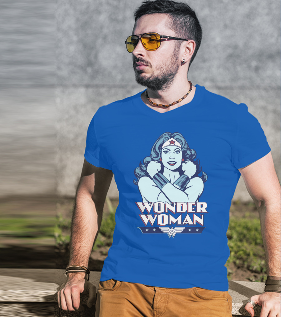 WONDER WOMAN Retro Blue Crossover Illustration With Star Headband And Arm Bracelets T-Shirt