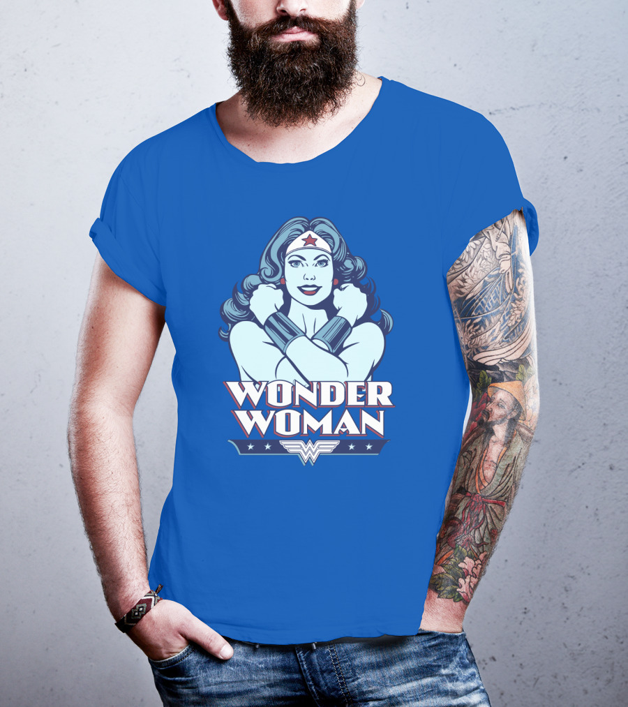 WONDER WOMAN Retro Blue Crossover Illustration With Star Headband And Arm Bracelets T-Shirt