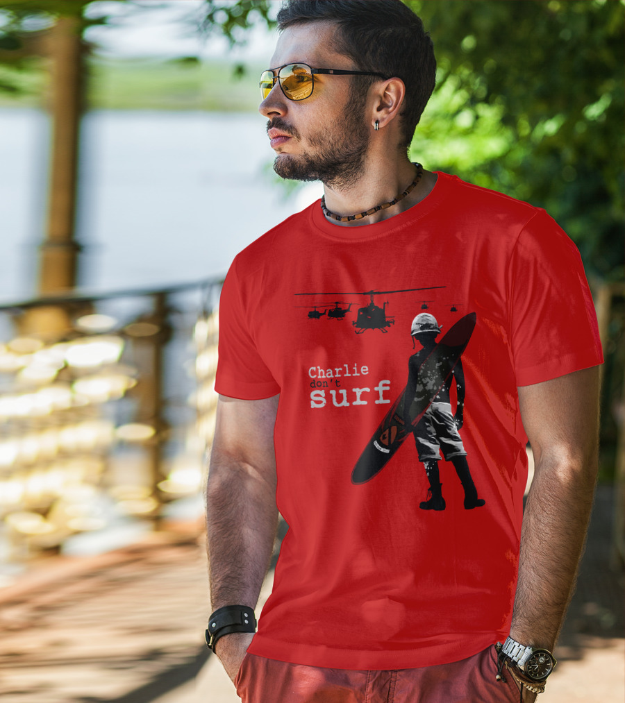 Charlie Don't Surf Helicopters And Soldier With Surfboard T-Shirt