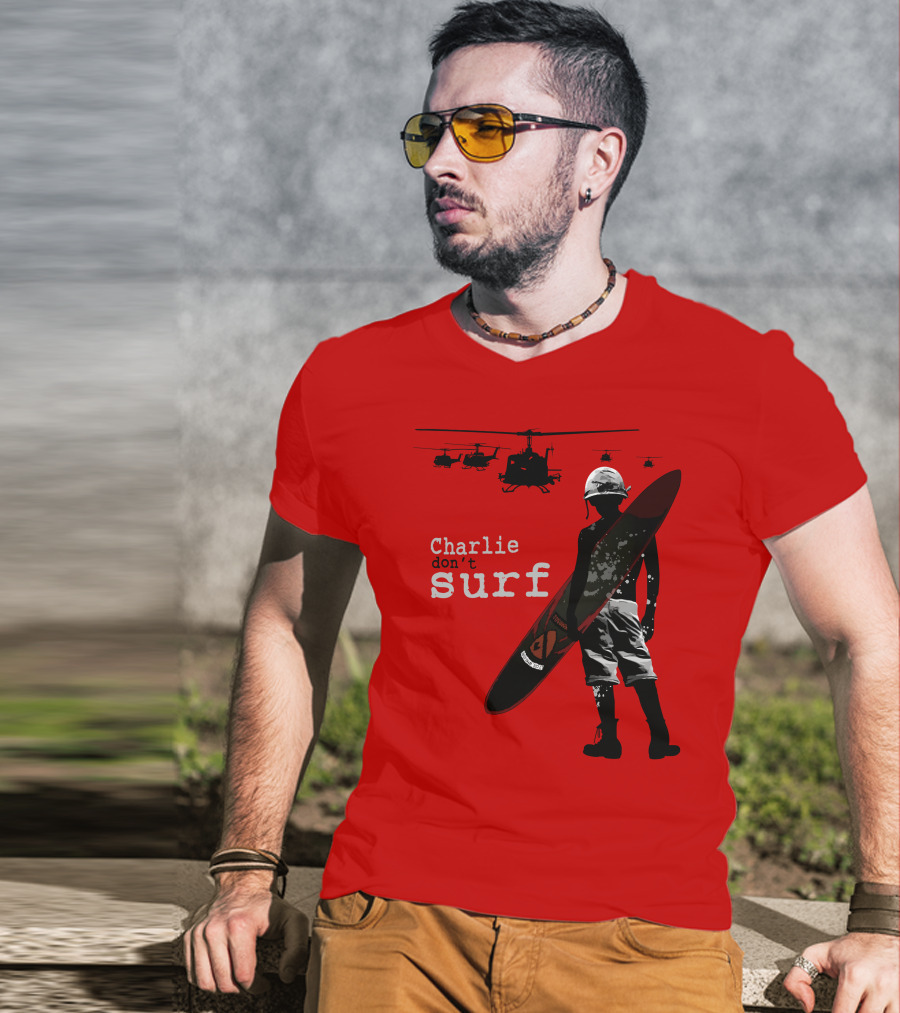 Charlie Don't Surf Helicopters And Soldier With Surfboard T-Shirt