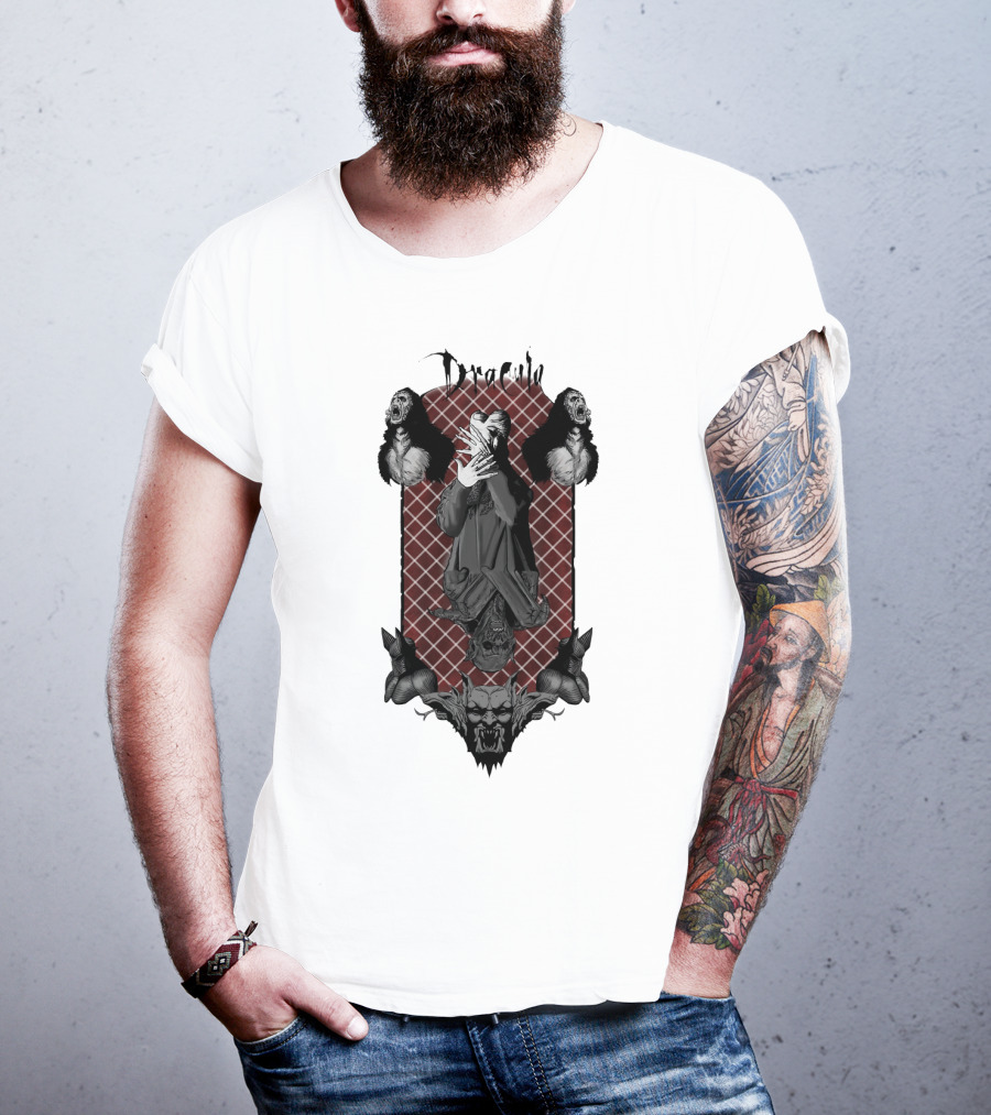 Dracula Gothic Vampires With Gothic Skull And Bats T-Shirt