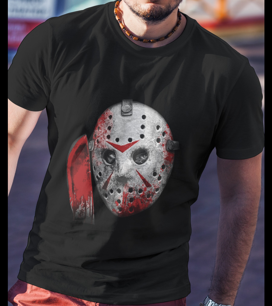 Friday The 13th Movie Jason Voorhees Mask With Bloody Machete Face T-Shirt