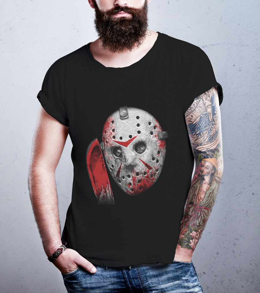 Friday The 13th Movie Jason Voorhees Mask With Bloody Machete Face T-Shirt