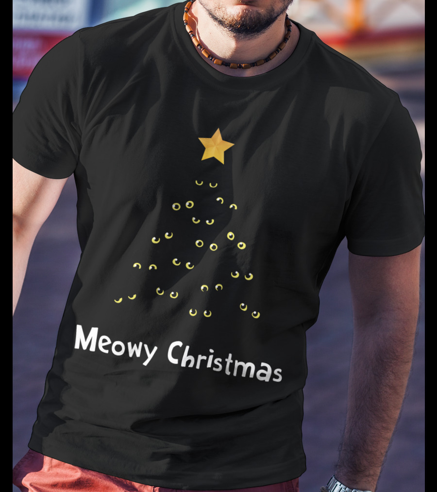 Meowy Christmas Cat Tree With Yellow Eyes And Star Topper T-Shirt