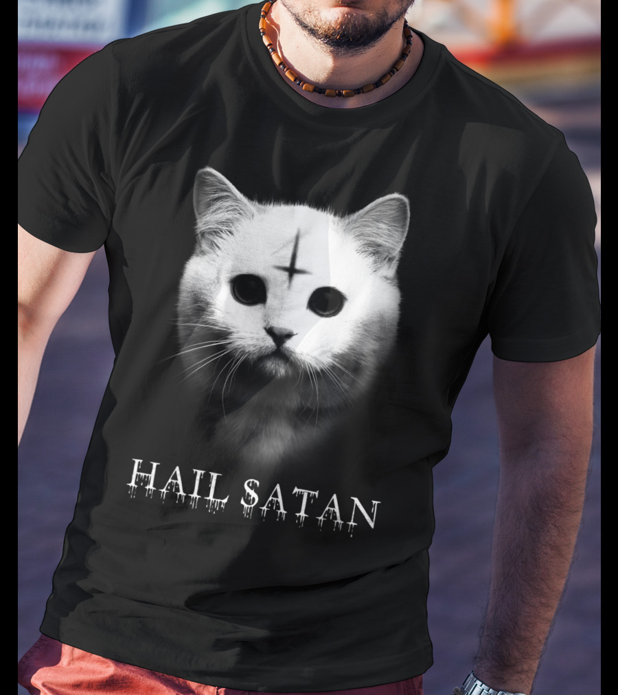 Hail Satan Cat With Inverted Cross T-Shirt